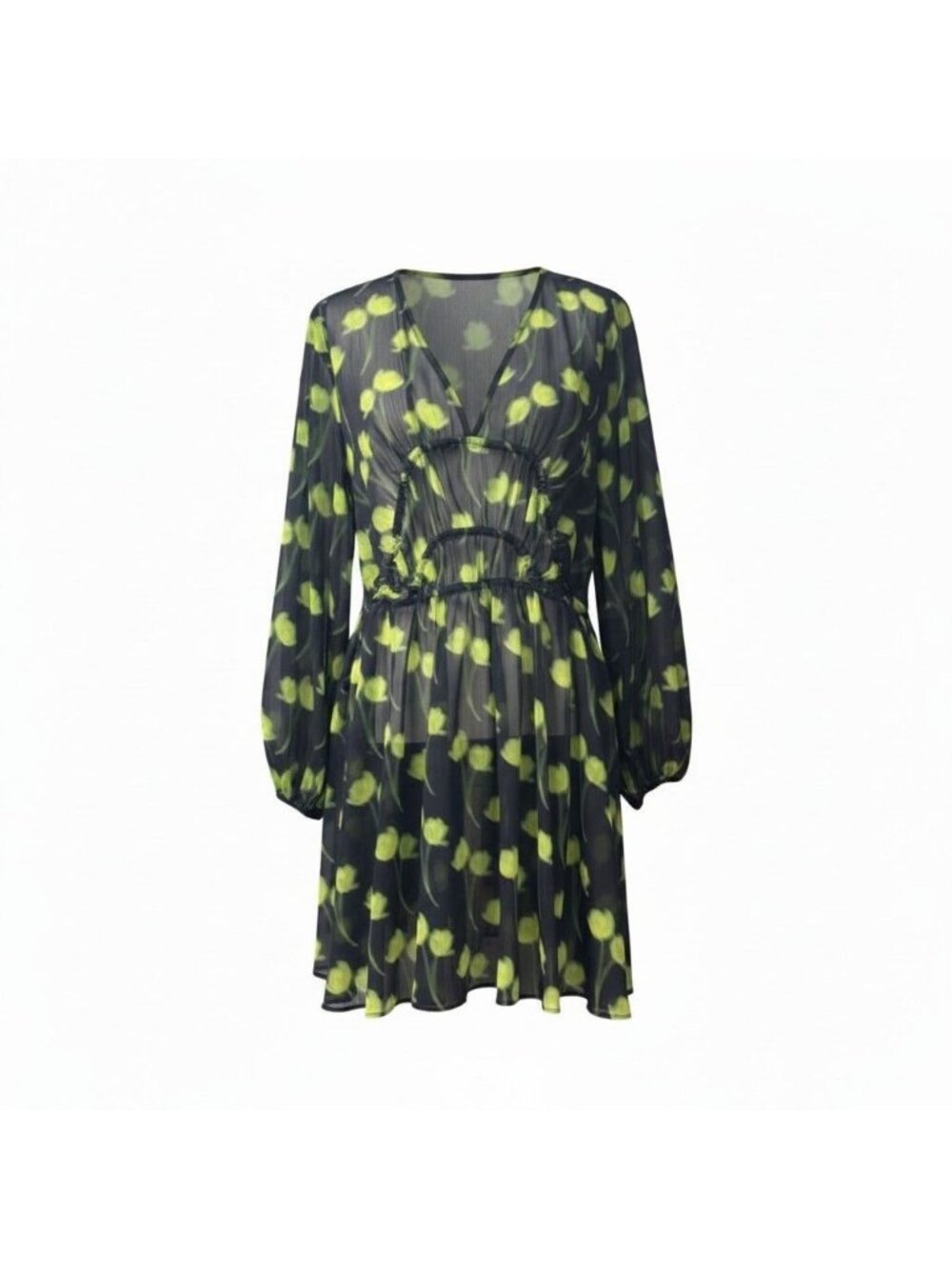 Topshop Floral Ruched Long Sleeve Dress In Medium Green, Sz. M -no underslip
